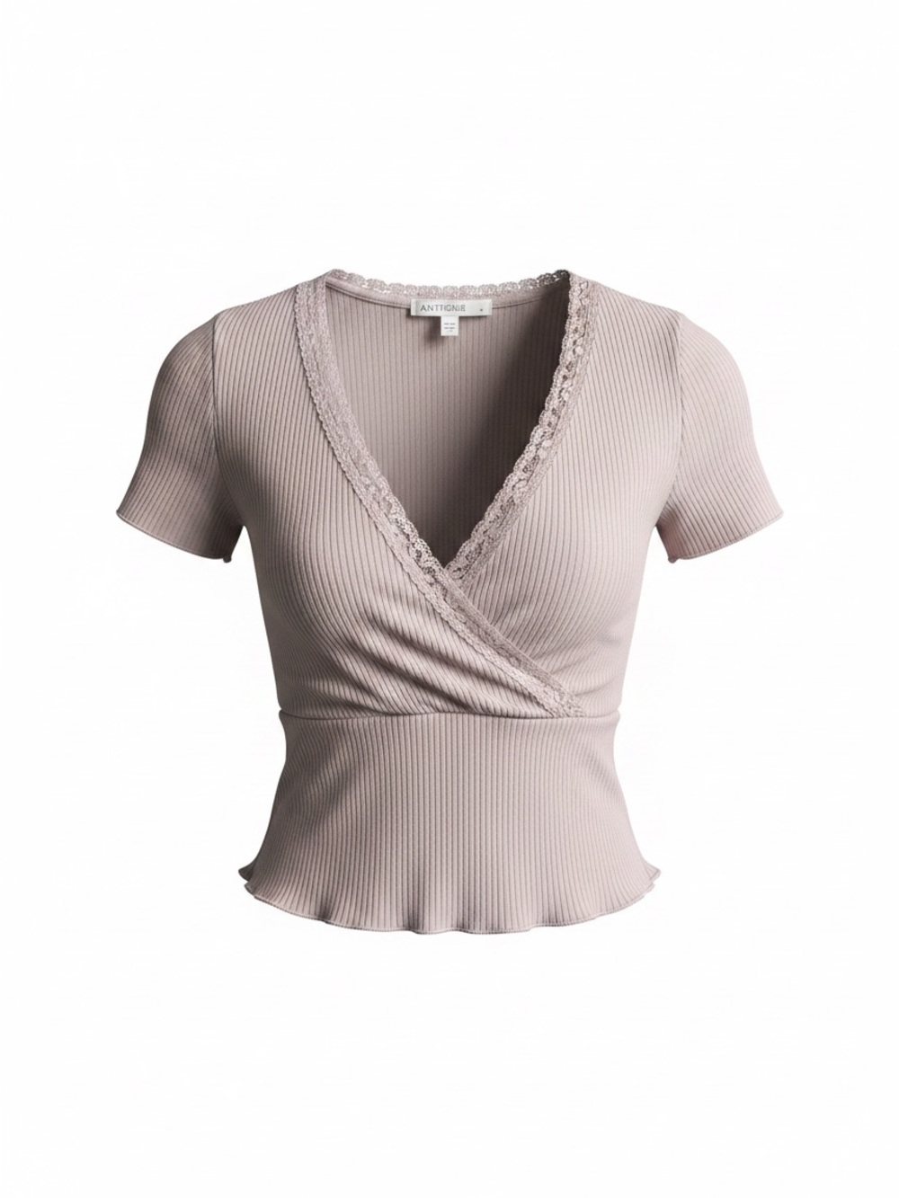 Anistar Junior Girls small Ribbed pastel purple shirt with lace accents
